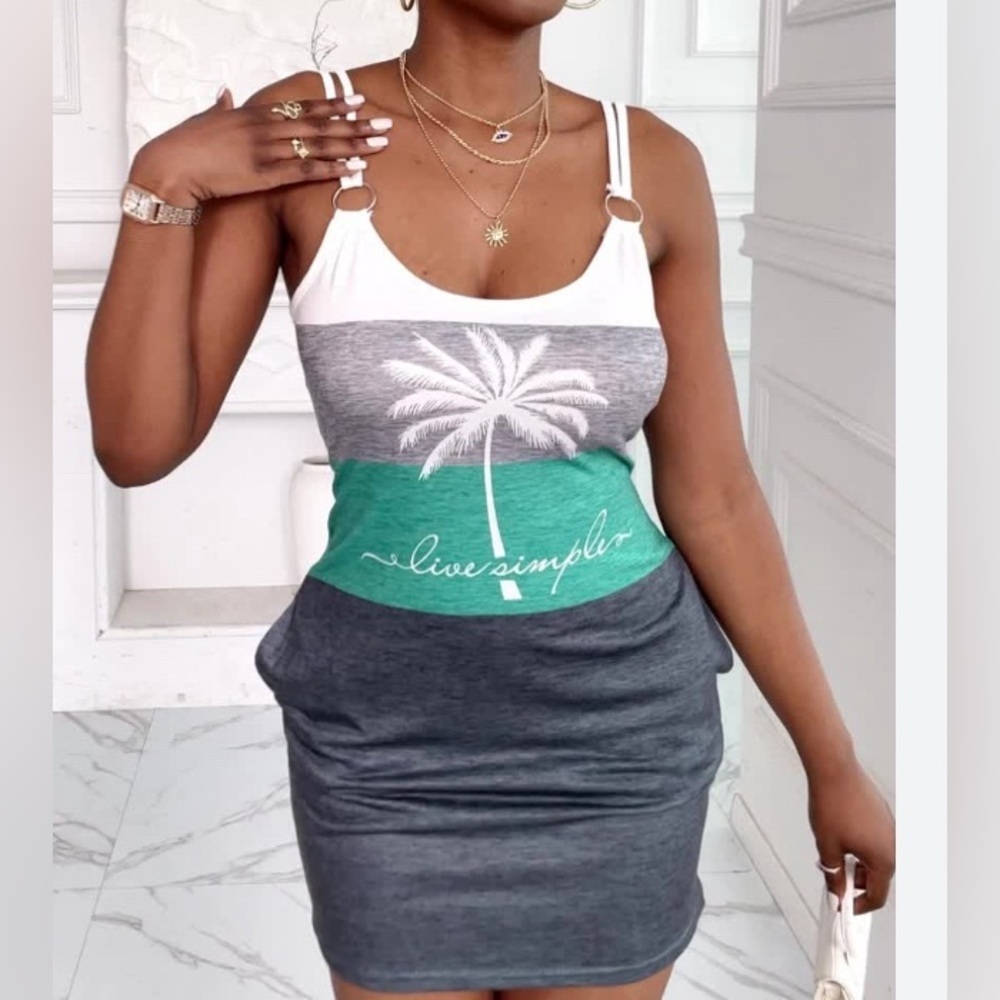 NEW-Womens Casual Print Round Neck Strap Sleeveless Slim Mini Fitted Dress.